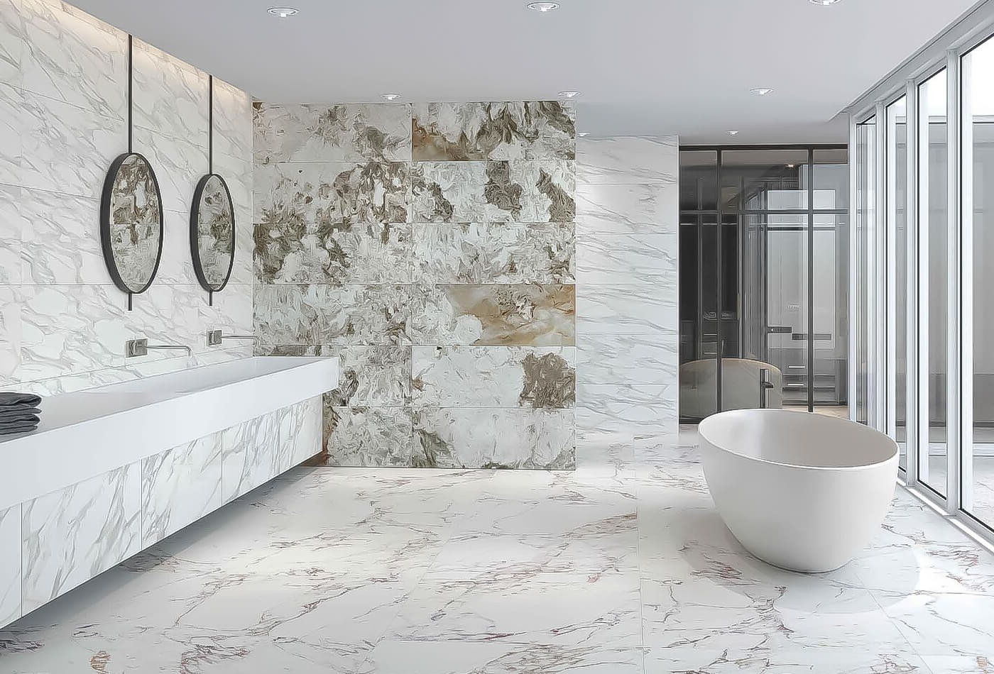 Modern bathroom with white marble tiles, a freestanding tub, and large windows.