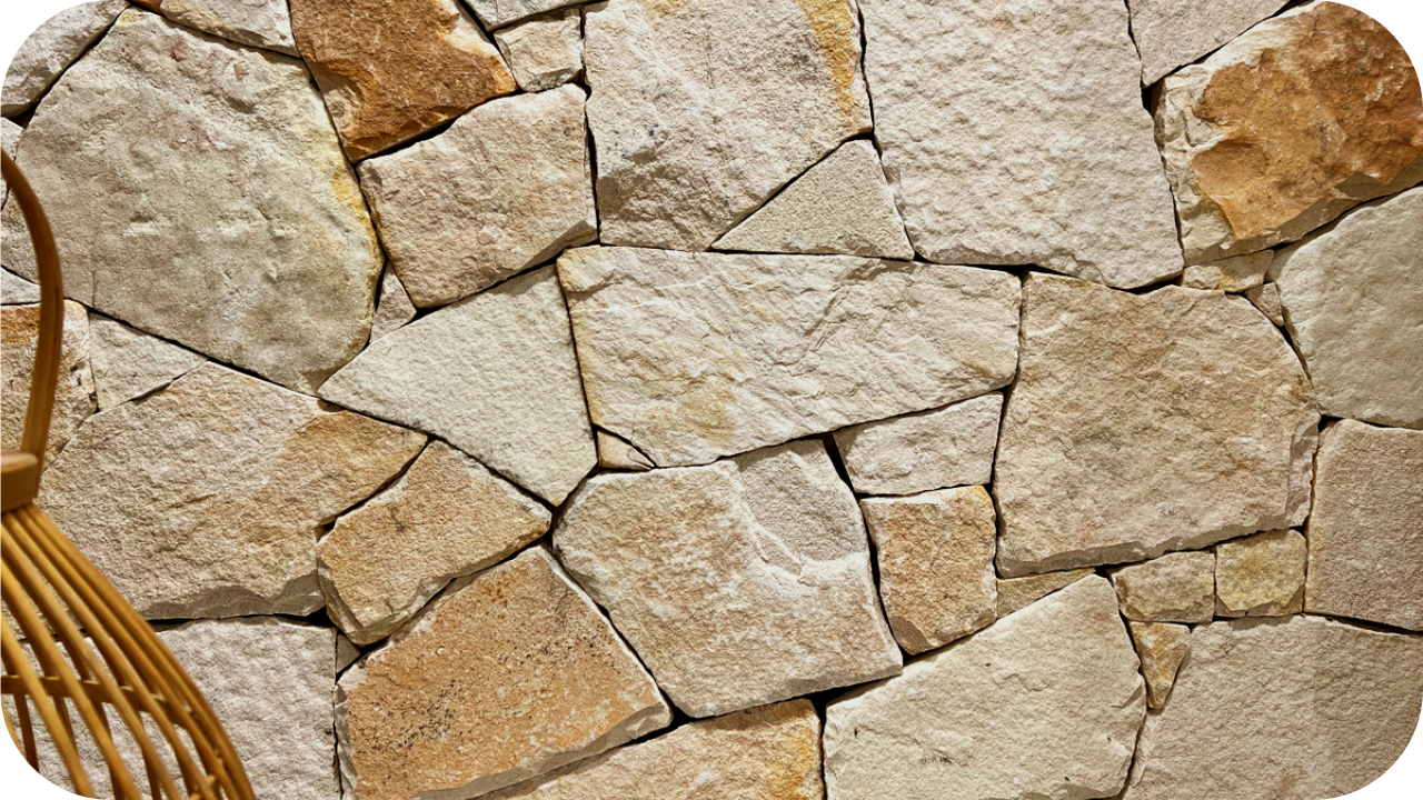 Stone wall with varying shades of beige and tan, highlighting stone tiling.
