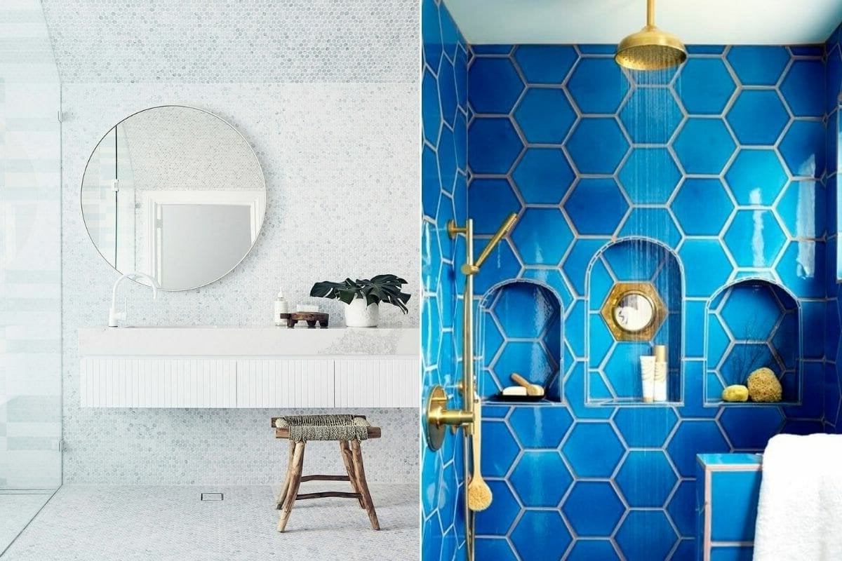 A bathroom and shower area with blue tiles.
