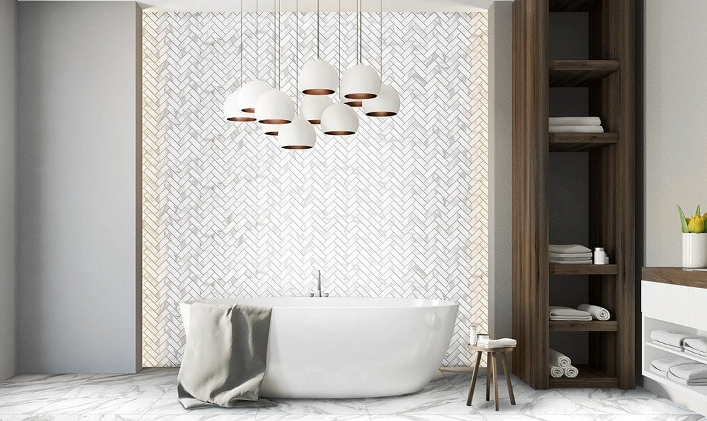 A bathroom with a bathtub, shelves , and a window.