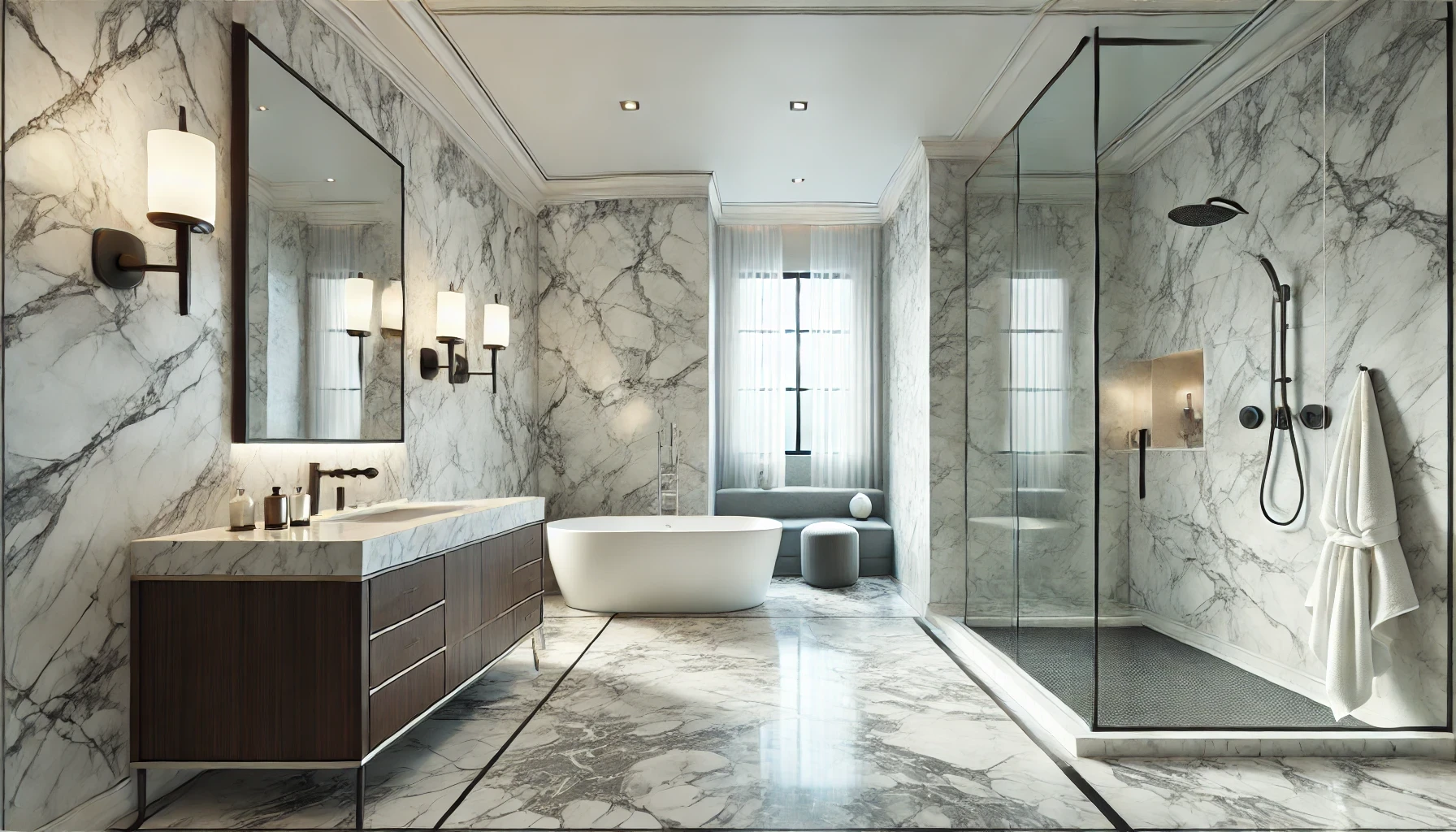 A luxury bathroom with marble walls and flooring, a sink, a tub, and a walk-in shower.