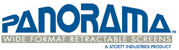 Panorama logo with blue text and tagline for wide format retractable screens Panorama logo with blue text and tagline for wide format retractable screens
