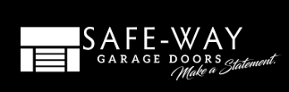 Safe-Way garage door logo on black background with white text and stylized garage icon