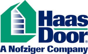 Haas Door logo with green house icon and blue text, “A Nofziger Company”
