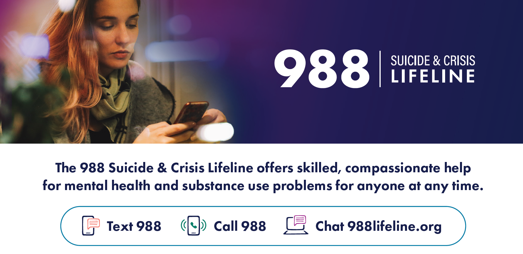988 Suicide & Crisis Lifeline ad with woman, text hotline, call, and chat options on purple background