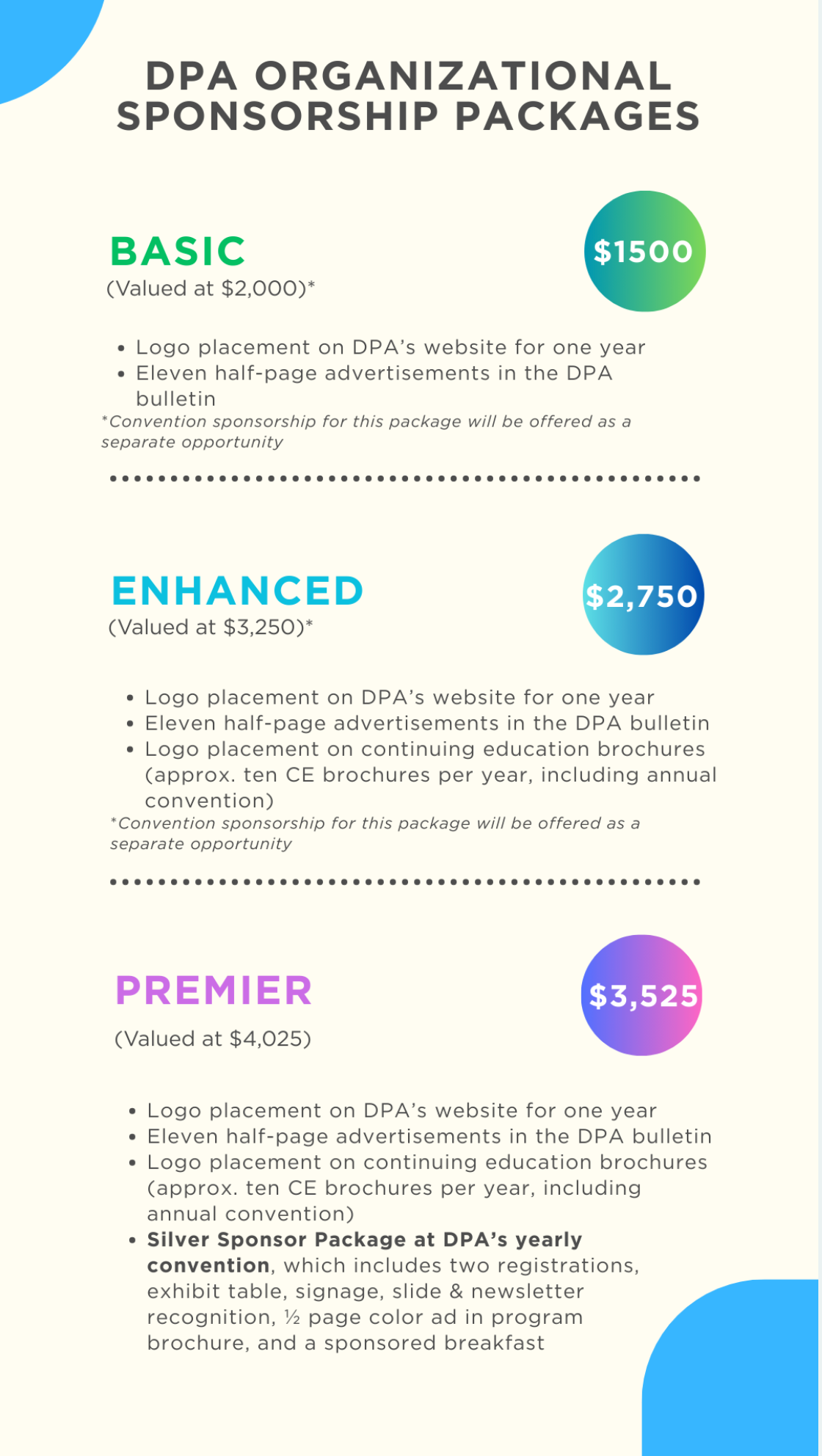 Flyer titled “DPA Organizational Sponsorship Packages” with Basic, Enhanced, and Premier tiers in blue and purple.