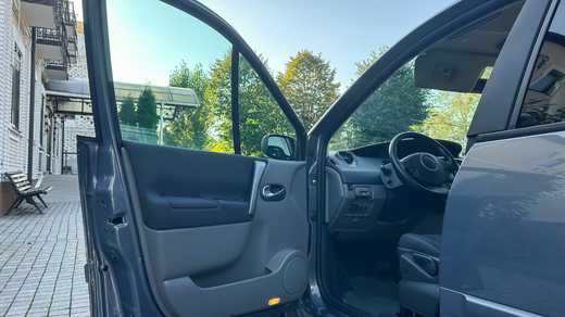 Open car door revealing interior; trees in background.
