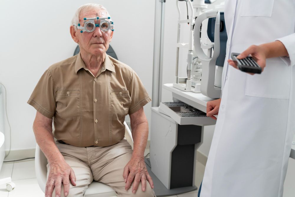 Elderly man seated in an eye exam room while a clinician holds a vision chart device.