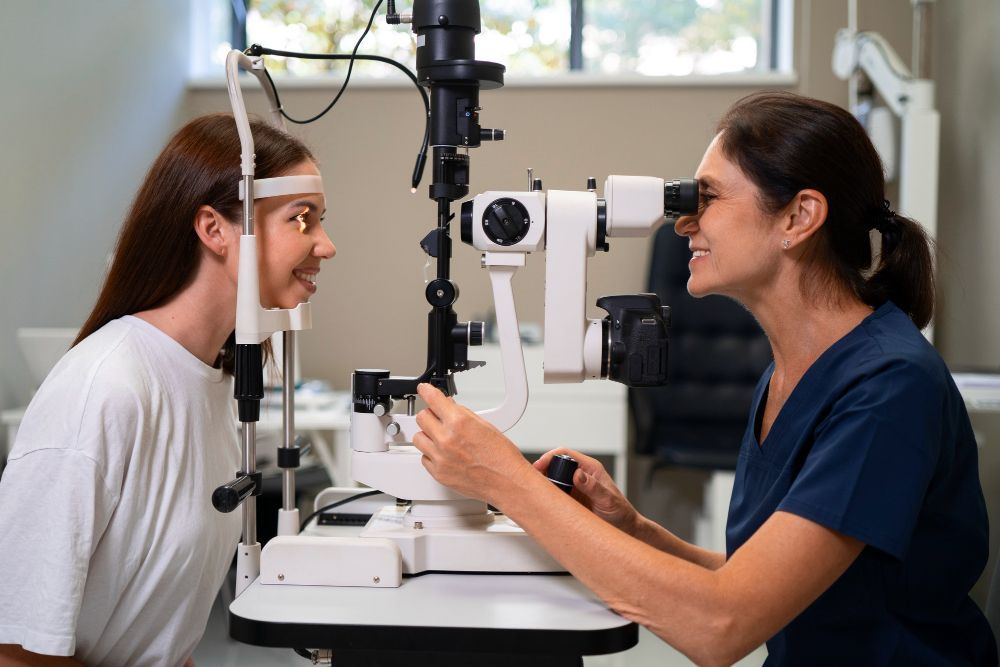 Eye doctor examining a patient with a slit lamp in a clinic