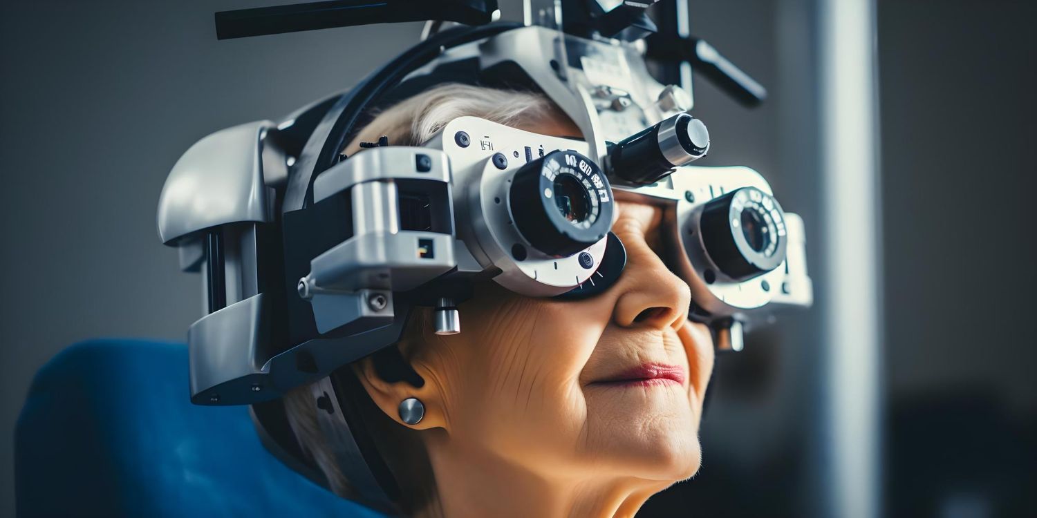Person wearing a futuristic head-mounted device with lenses, looking upward in a clinical setting