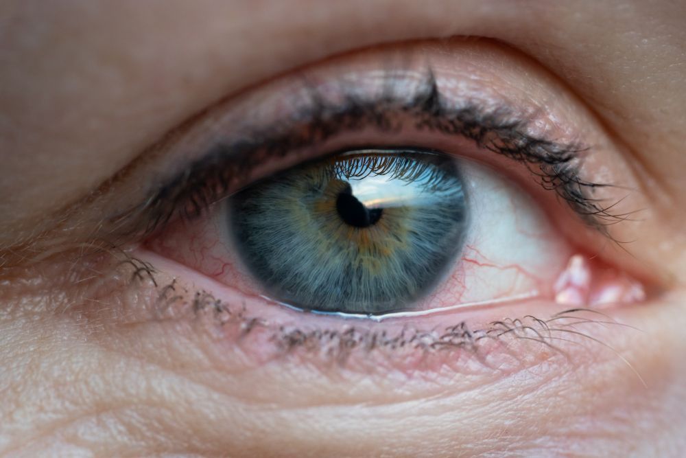 Close-up of a blue-green eye with a dark pupil and visible eyelashes