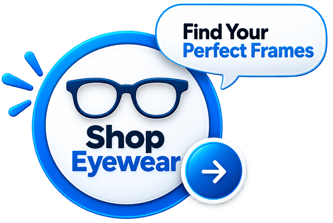 Shop Eyewear ad with blue glasses icon and “Find Your Perfect Frames” speech bubble