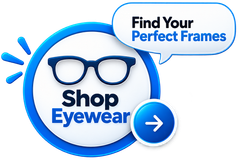 Shop Eyewear ad with blue glasses icon and “Find Your Perfect Frames” speech bubble