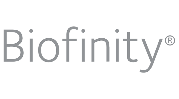 Biofinity logo in light gray text on a white background
