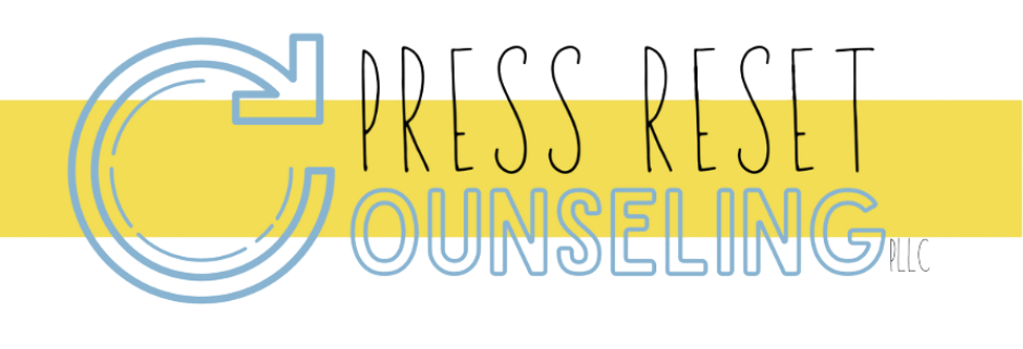 Press Reset Counseling logo with blue circular arrow, gold bar, and black text for San Antonio