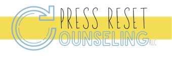 Press Reset Counseling logo with blue circular arrow, gold bar, and black text  for San Antonio