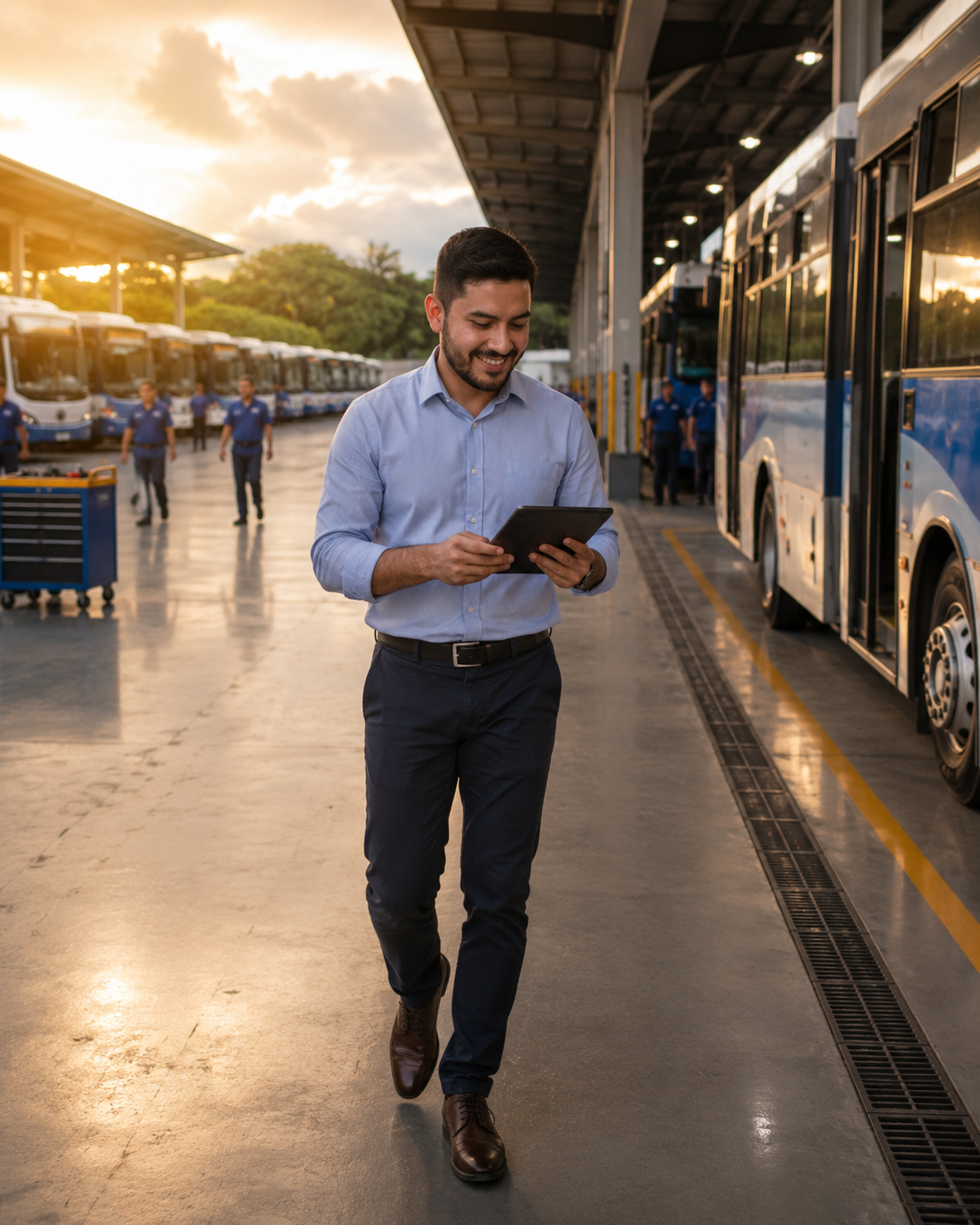 Homem de camisa azul-clara caminhando ao lado de um ônibus em uma estação, olhando para um tablet sob a luz quente do entardecer.