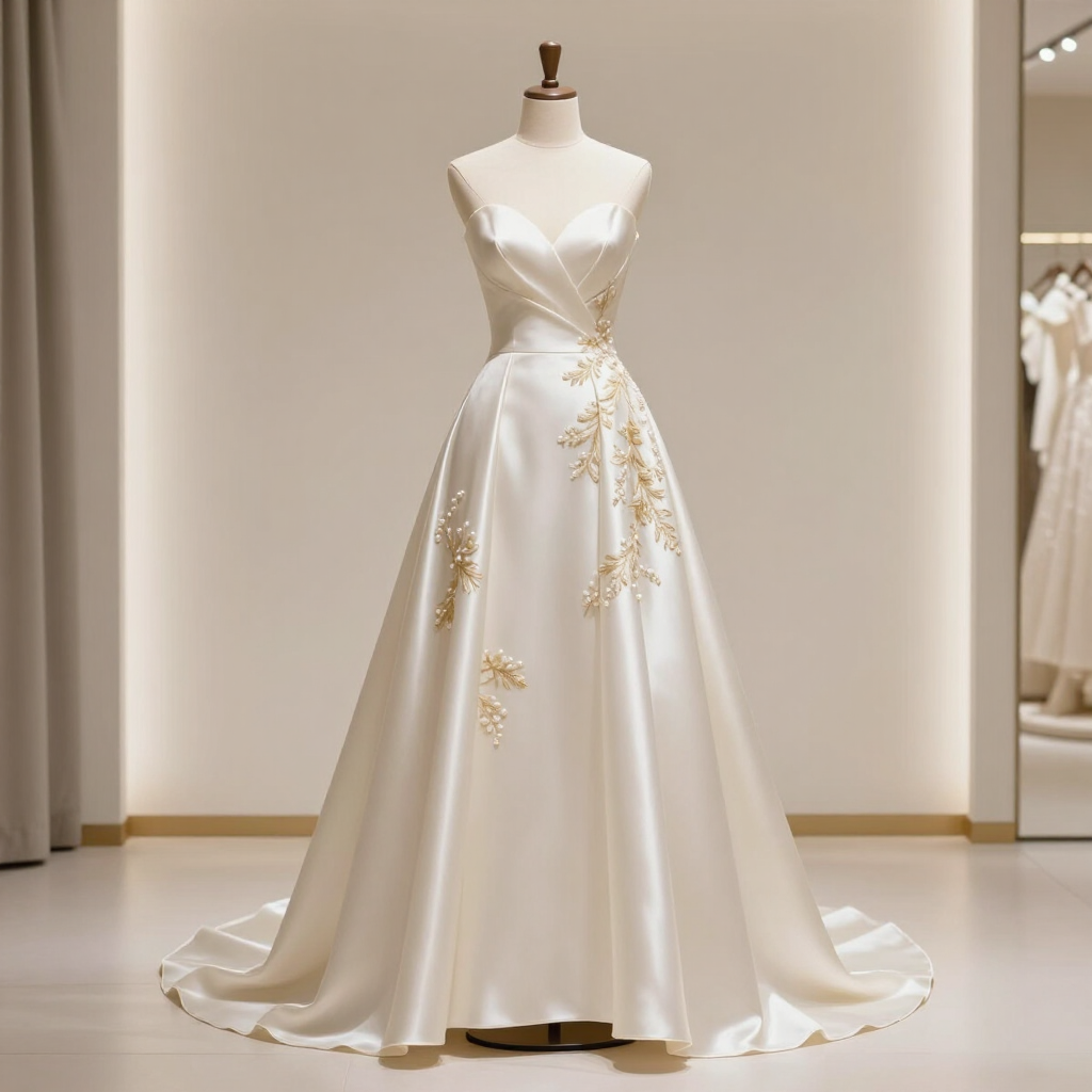 Vestido de novia de satén color marfil con bordados florales dorados sobre un maniquí en el escaparate de una boutique.