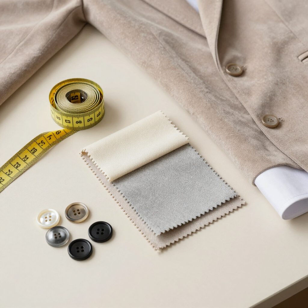 Muestras de tela de traje color beige, cinta métrica y botones sobre una mesa.