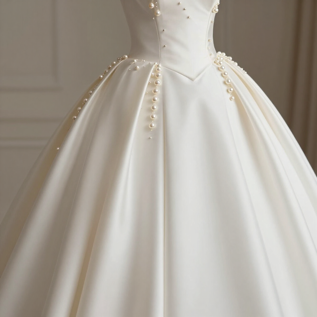 Vestido de gala blanco sin tirantes con bordados de perlas y falda de satén completa, exhibido en un maniquí.