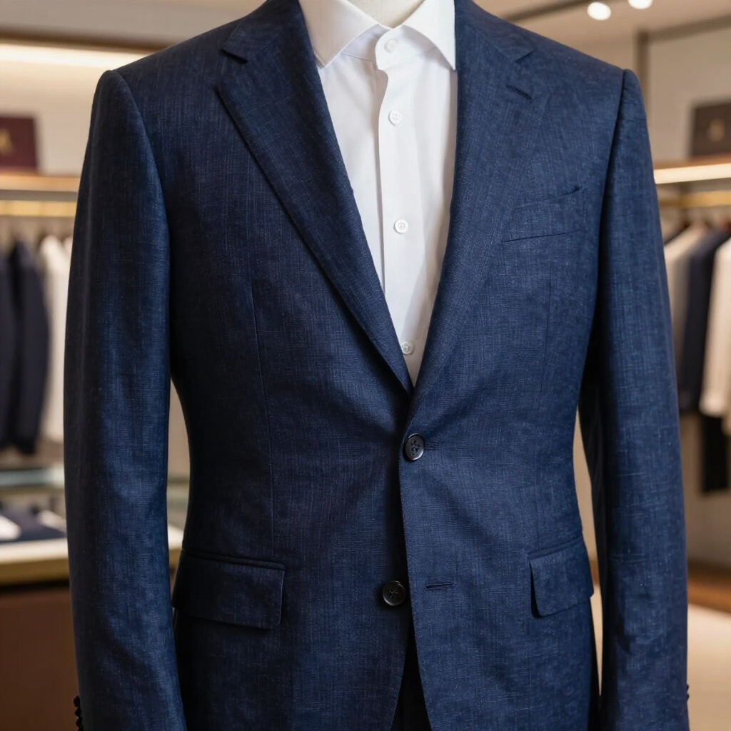 Chaqueta de traje azul sobre una camisa blanca expuesta en una tienda de ropa.