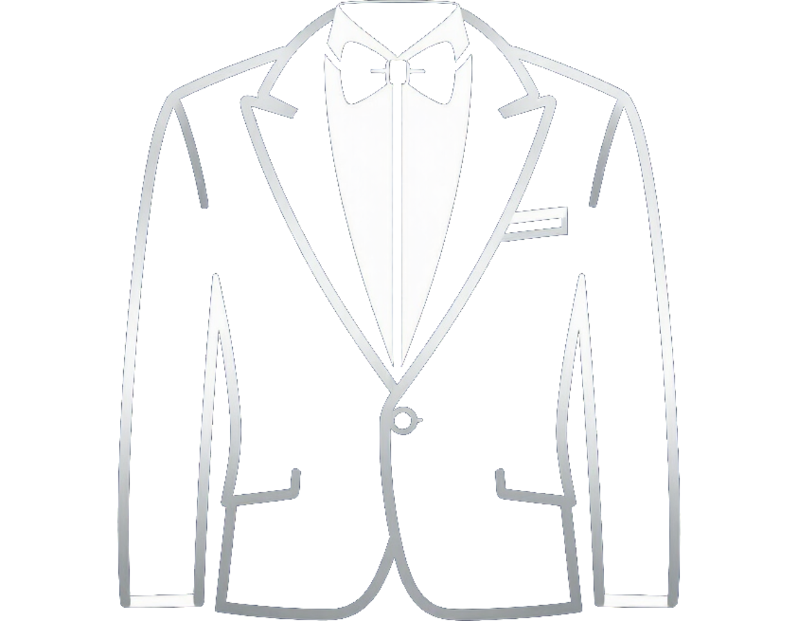 Dibujo lineal de una chaqueta de traje y una camisa con corbata y pañuelo de bolsillo, vista frontal.