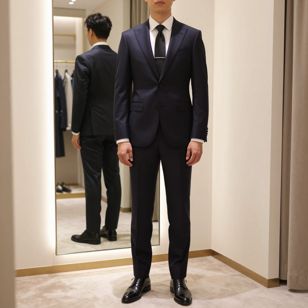 Un hombre con un traje oscuro está de pie en un probador; se le ve reflejado en un espejo.