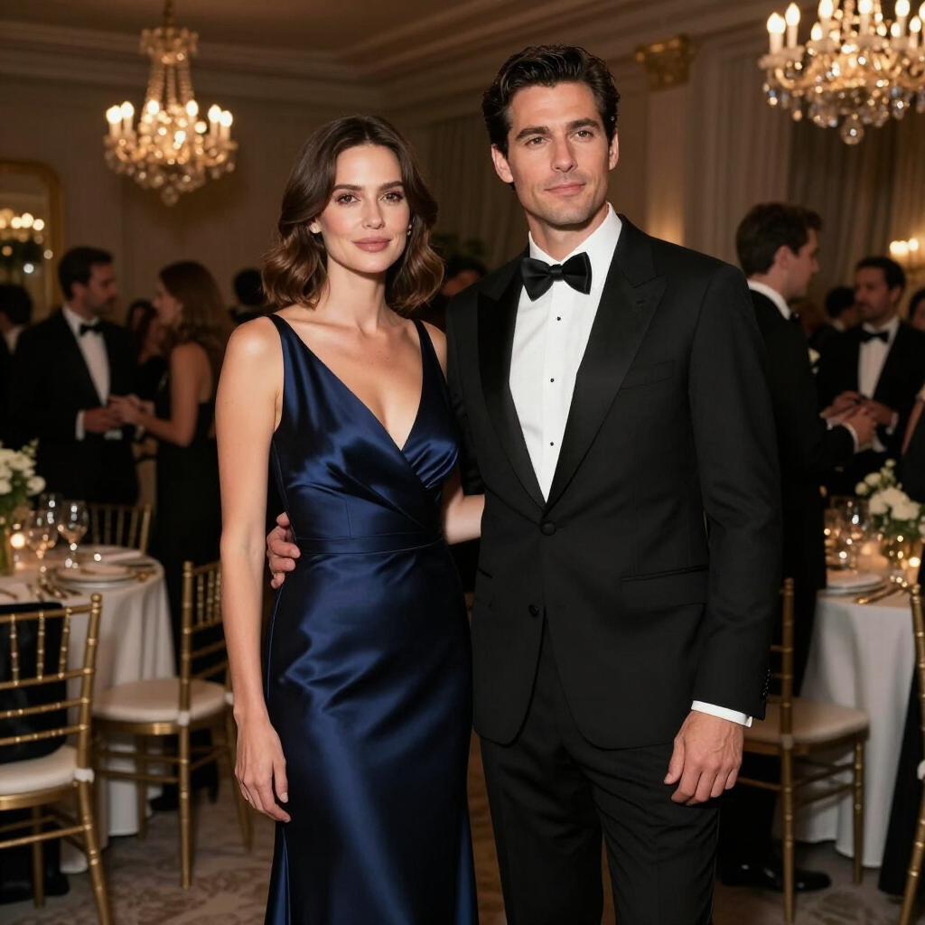 Una pareja vestida de etiqueta posa en una gala iluminada por candelabros.