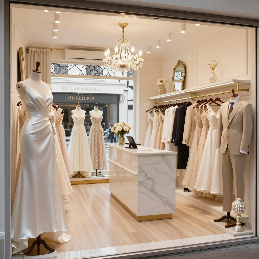 Elegante boutique nupcial con vestidos blancos, un maniquí, una lámpara de araña y decoración con detalles dorados.