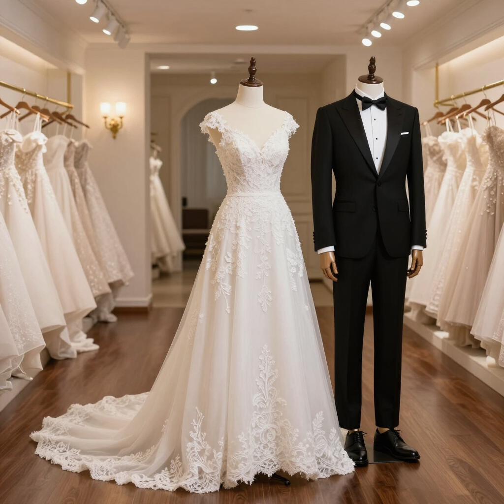 Exhibición de boutique nupcial con un vestido de novia de encaje y un esmoquin negro en maniquíes.