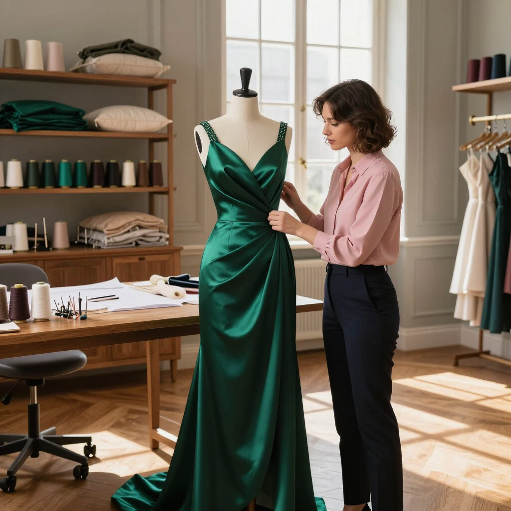 Diseñadora ajustando un vestido de satén verde en un maniquí en un taller de costura iluminado por el sol.