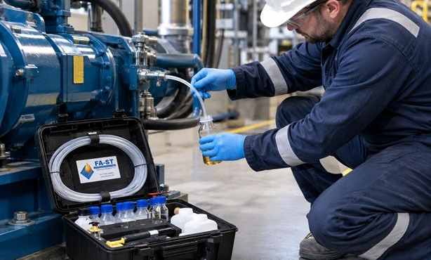 Oil sampling pump, valve and bottle equipment