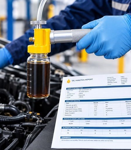 Engine oil sample being extracted with a vacuum sampling pump and the following laboratory analysis report