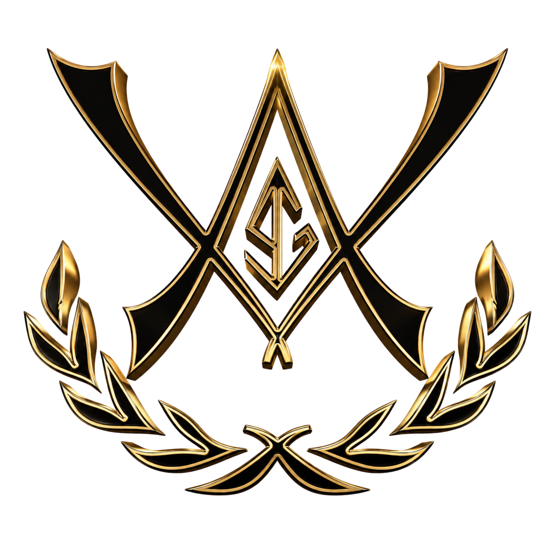 Gold-and-black emblem with crossed swords, central geometric mark, and laurel wreath on white background