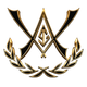 Gold-and-black emblem with crossed swords, central geometric mark, and laurel wreath on white background
