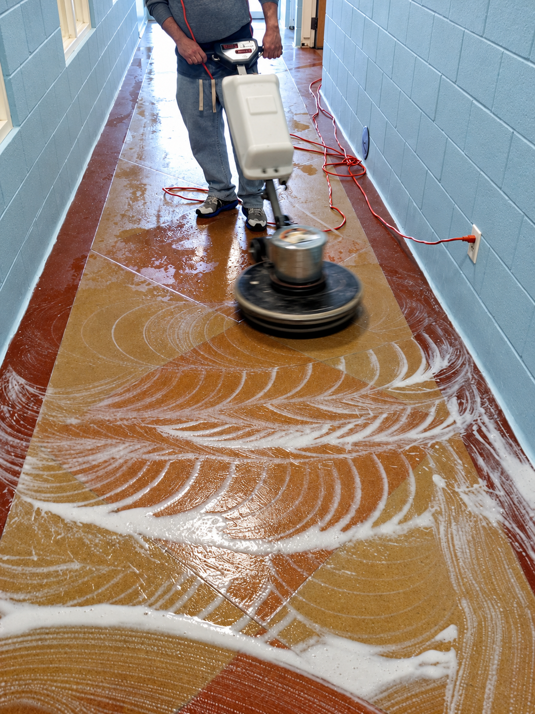 Worker scrubbing a wet hallway floor with a floor buffer, leaving white foam patterns.