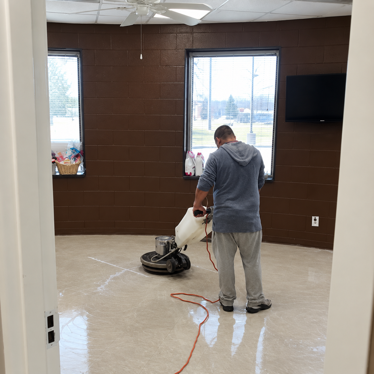 Worker polishing a glossy floor in an empty room with two windows and a wall-mounted TV