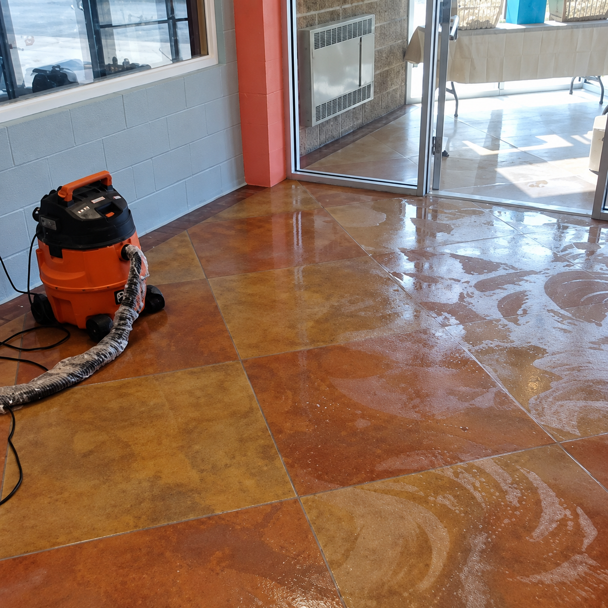 Wet tiled floor being cleaned with an orange wet-dry vacuum near a glass door.