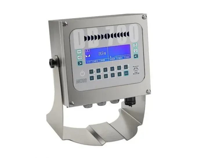 Pannello di controllo della bilancia digitale con schermo e tastiera in un alloggiamento metallico.