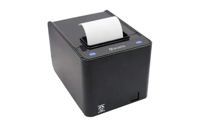 Stampante termica nera per ricevute con carta bianca che fuoriesce dalla parte superiore.