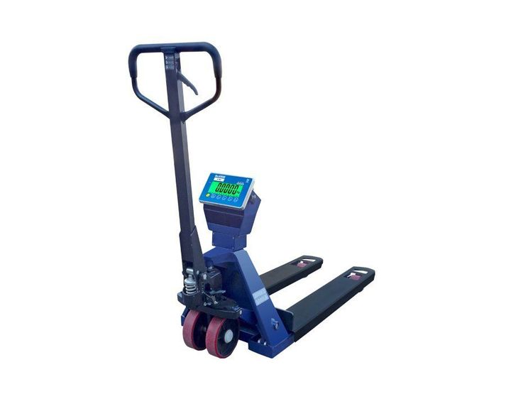 Transpallet blu con display digitale, utilizzato per sollevare e pesare i pallet.