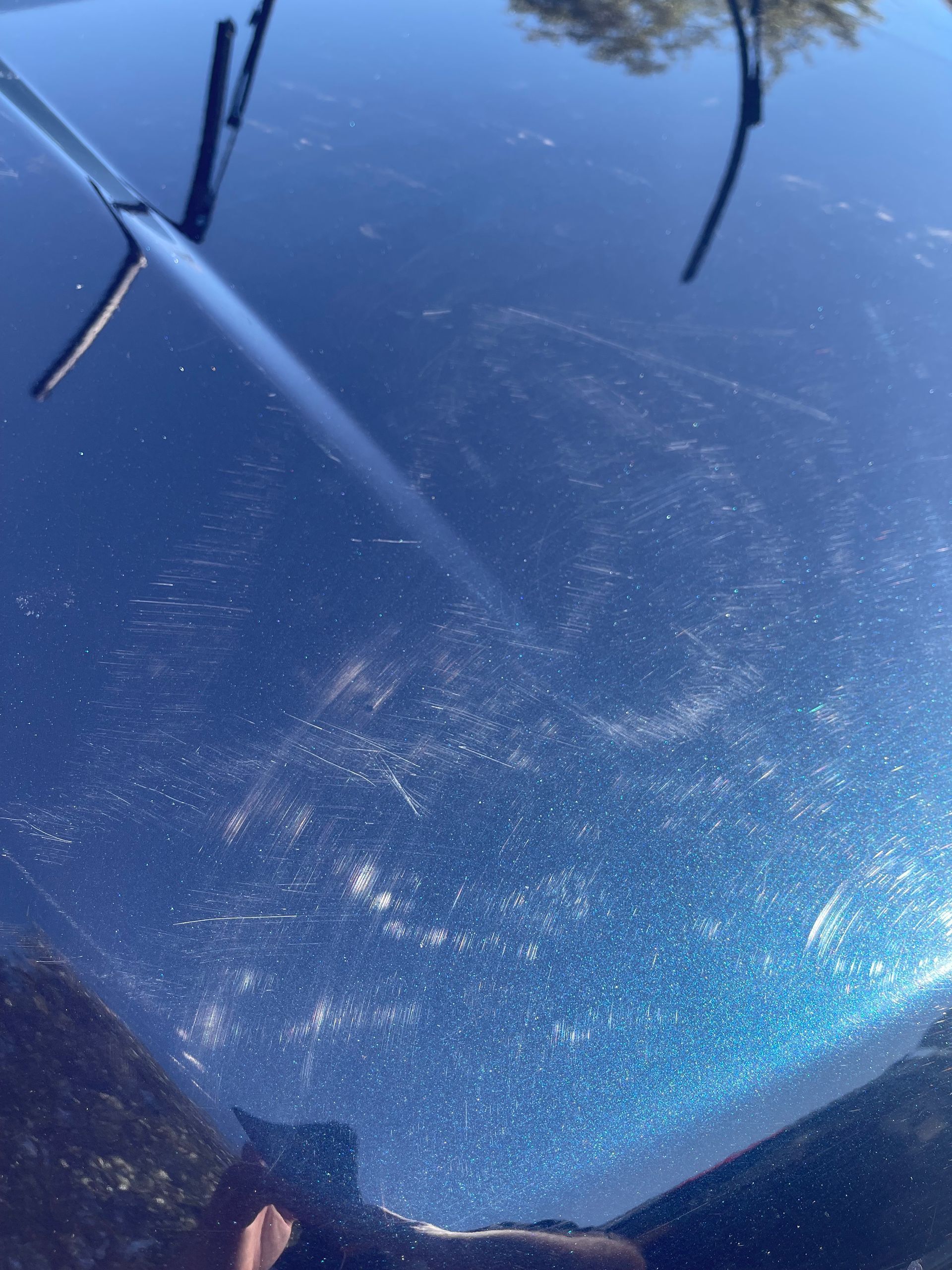 A person is cleaning the hood of a car with a high pressure washer.