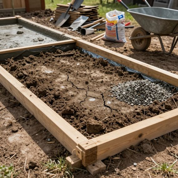 Wooden frame with dirt, gravel, and plastic. Construction scene outdoors, with tools and a wheelbarrow.