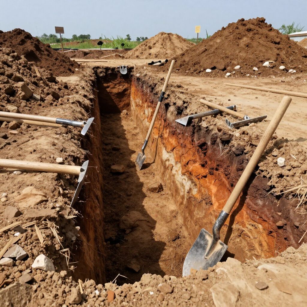 Long, rectangular trench in dirt with shovels and other tools. Piles of dirt in background.