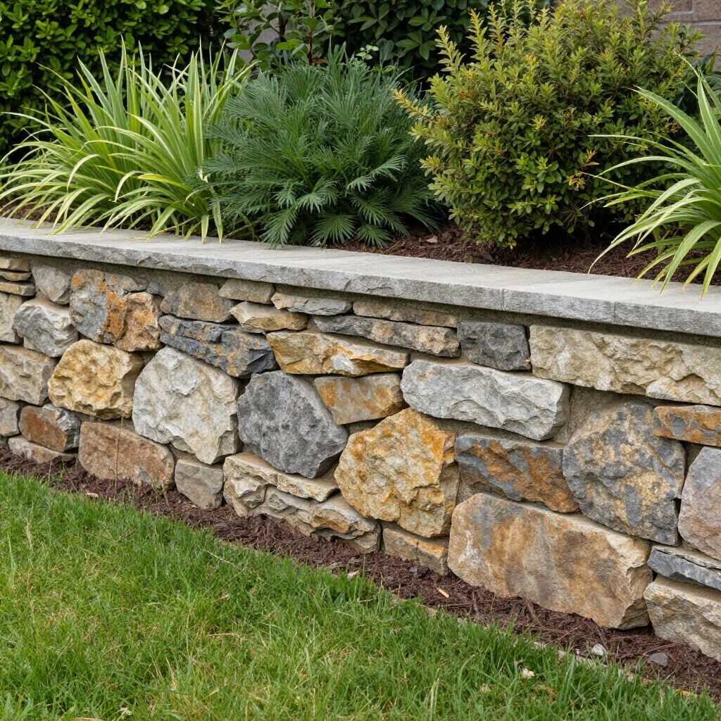 Stone retaining wall with plantings, separating green grass from garden bed.