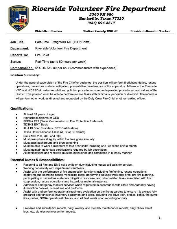 Part-Time Firefighter job description