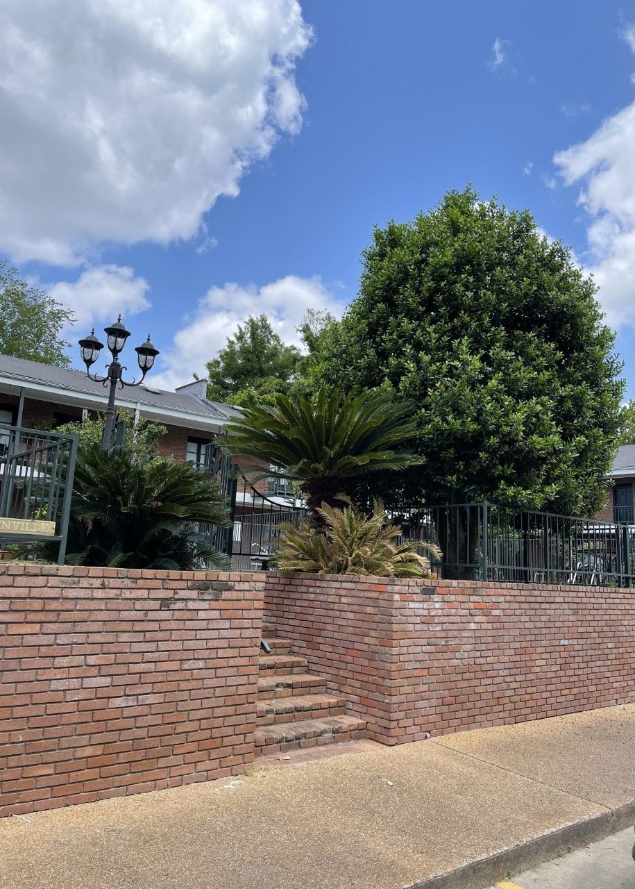 A brick wall with stairs and a tree in front of a building.