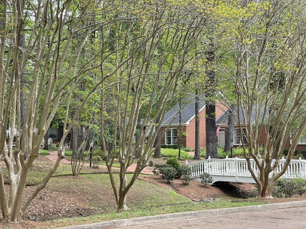 A house with a bridge over a stream in front of it surrounded by trees.