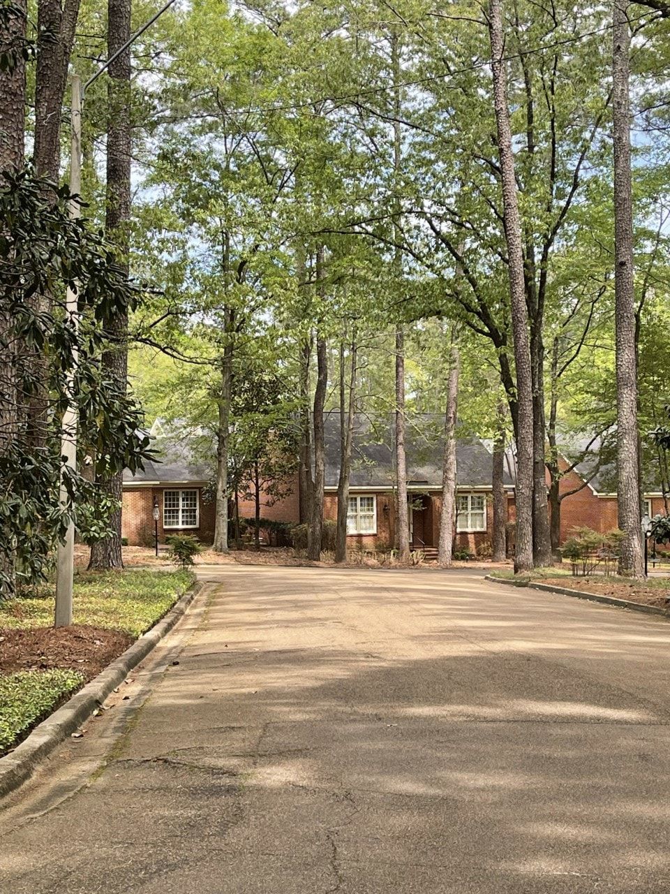A dirt road leading to a brick house surrounded by trees.