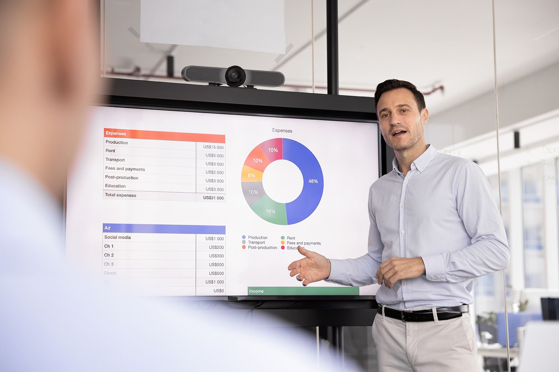 Man presents data from a pie chart on a screen in front of an audience during a business meeting.